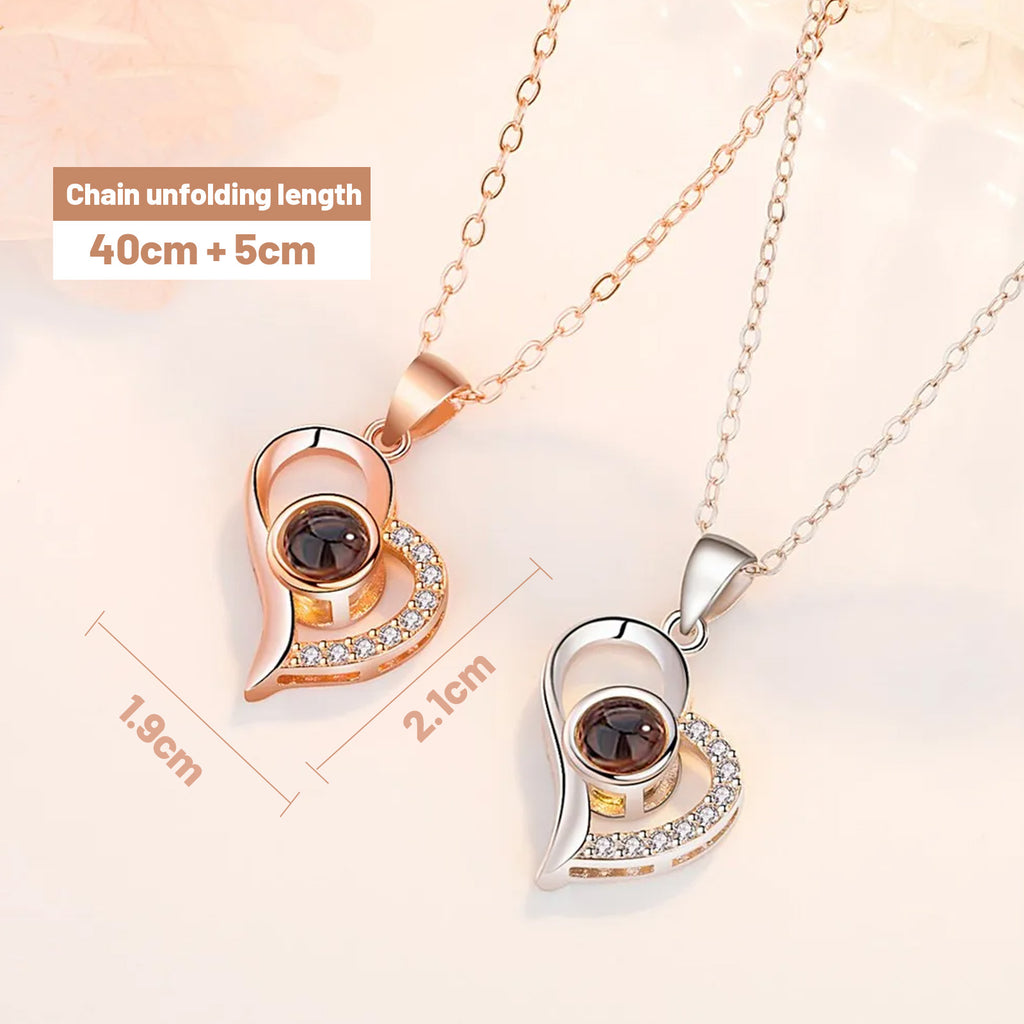 Custom Projection Necklace – “I Love You” in 100 Languages | Heart-Shaped Photo Pendant