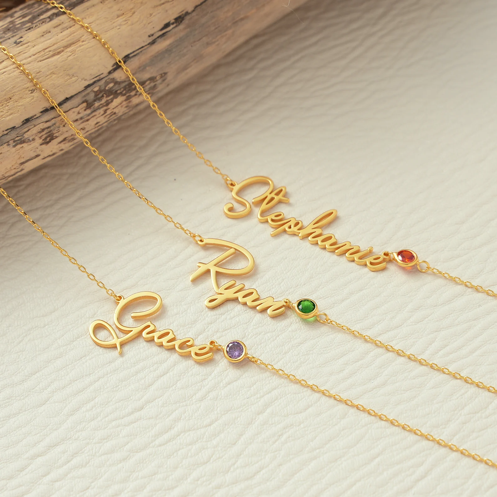 Custom Name Necklace with Birthstone – 925 Sterling Silver, 18k Gold Plated