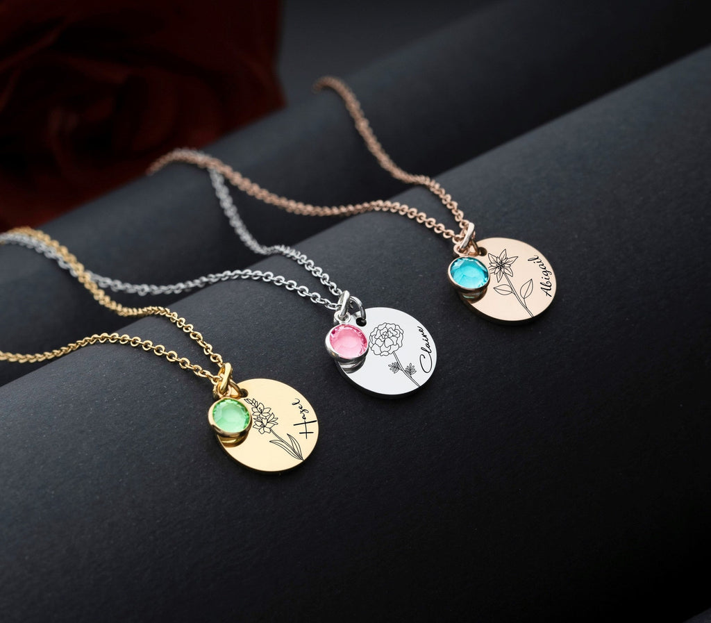 Personalized Birth Flower & Birthstone Necklace – Custom Name Jewellery Gift