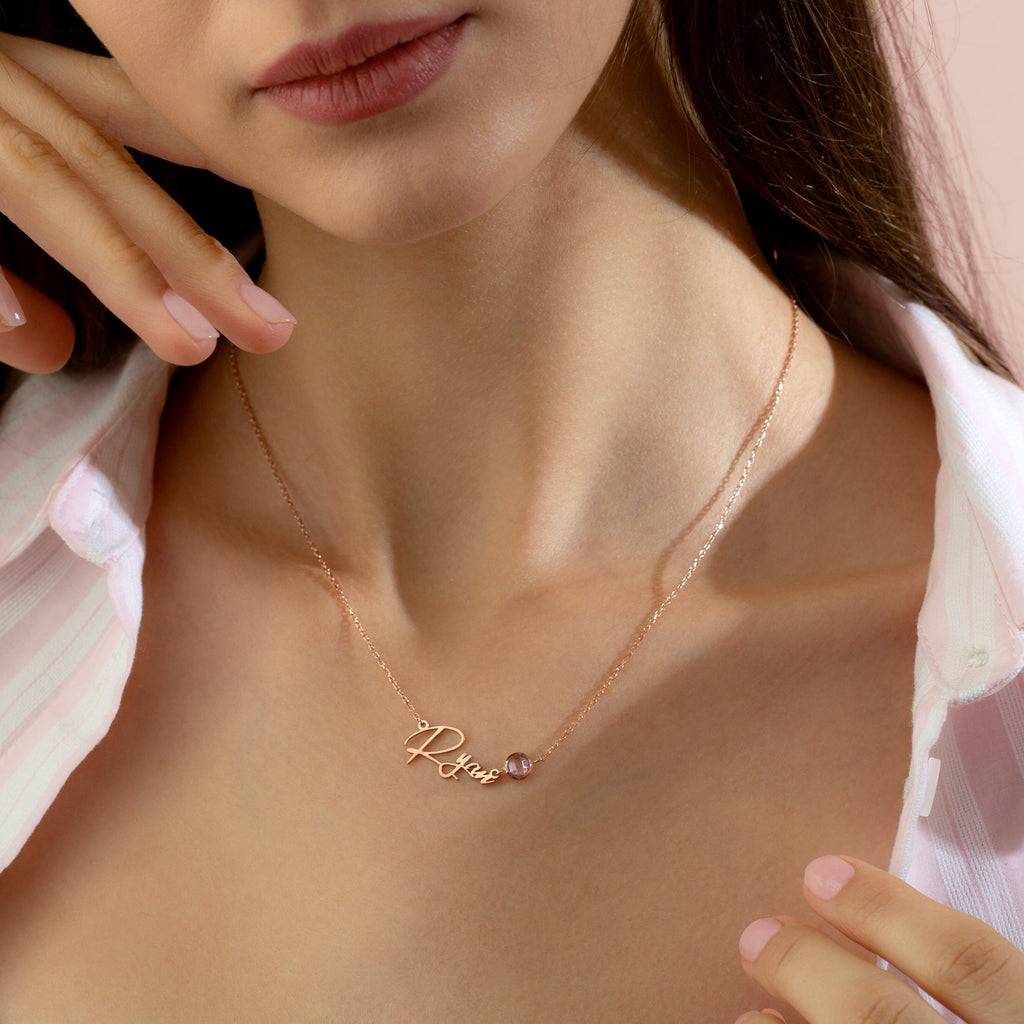 Custom Name Necklace with Birthstone – 925 Sterling Silver, 18k Gold Plated