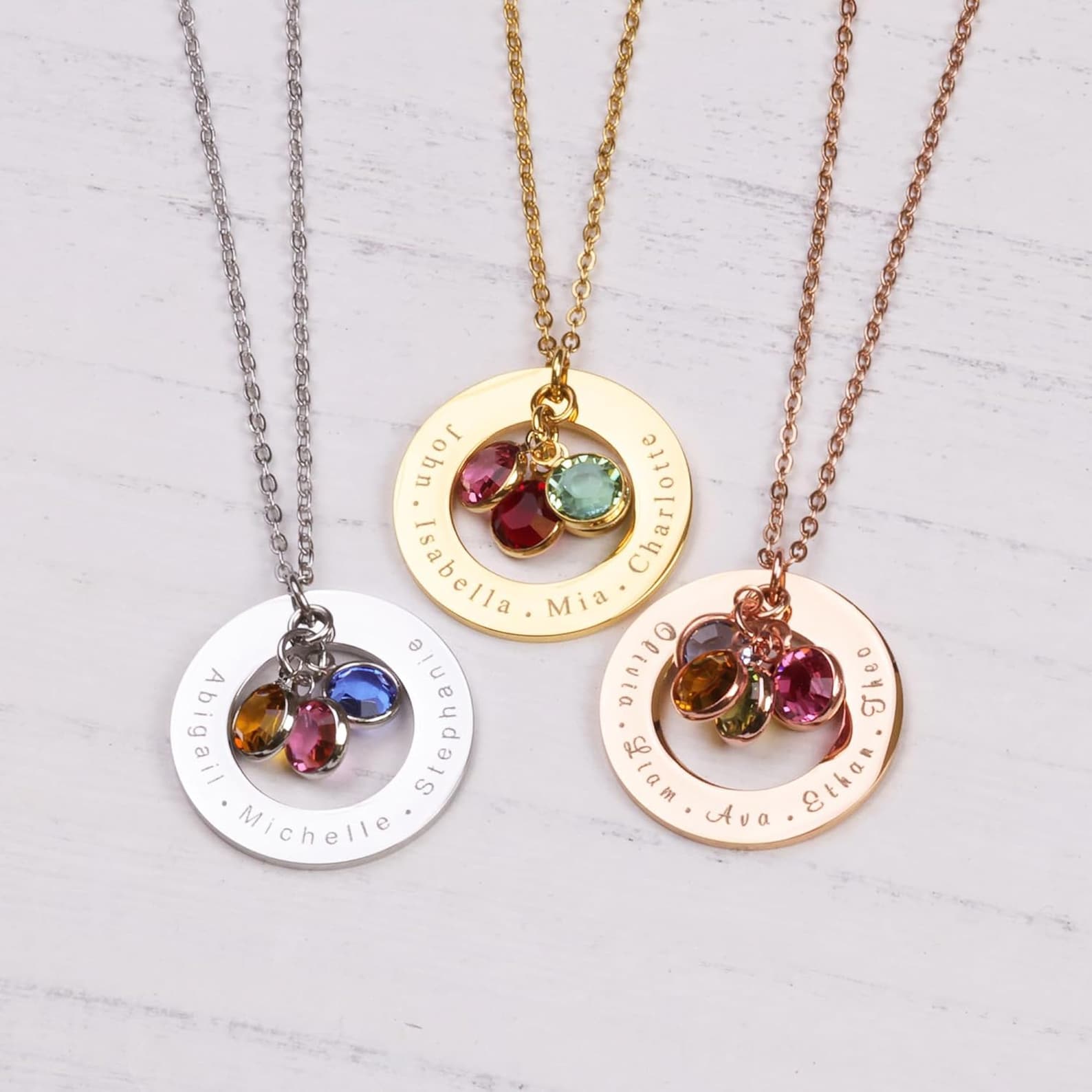 Custom Family Birthstone & Name Disc Necklace – Personalized Mom Jewellery (1–5 Names)
