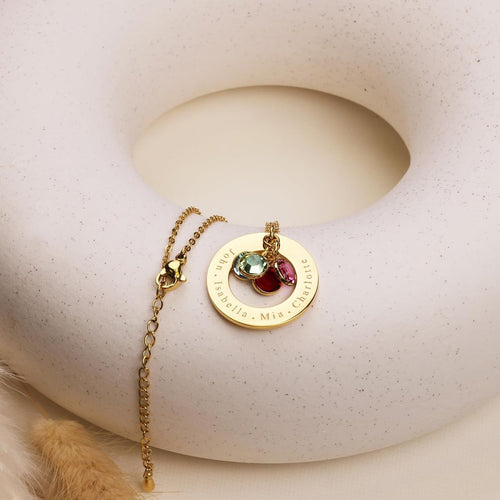 Custom Family Birthstone & Name Disc Necklace – Personalized Mom Jewellery (1–5 Names)
