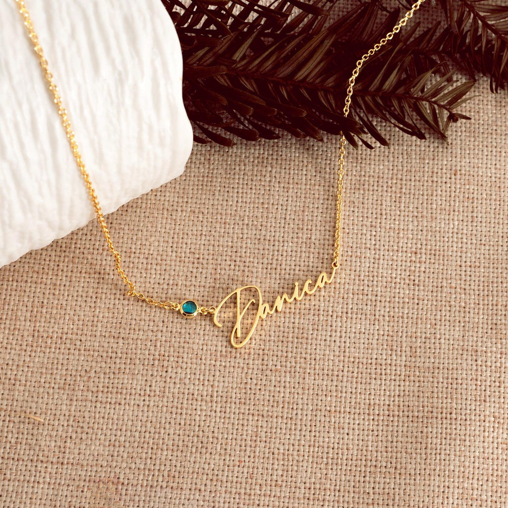Custom Name Necklace with Birthstone – 925 Sterling Silver, 18k Gold Plated